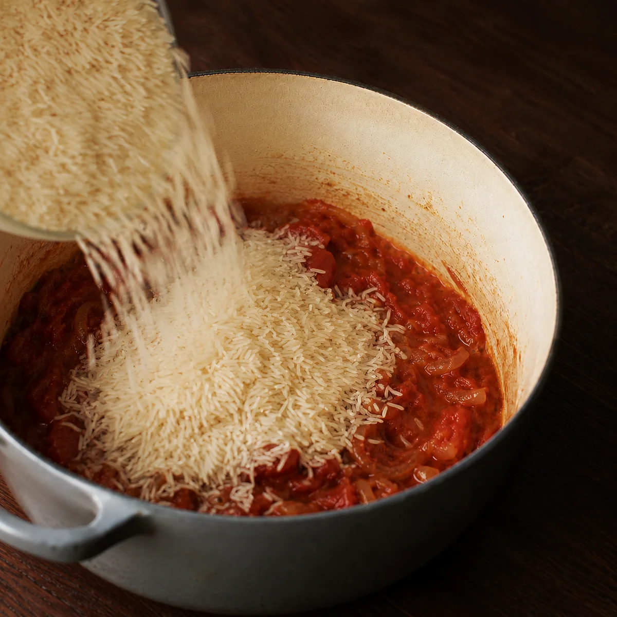 Pale, rinsed basmati rice being poured from a glass bowl into the spiced tomato base
