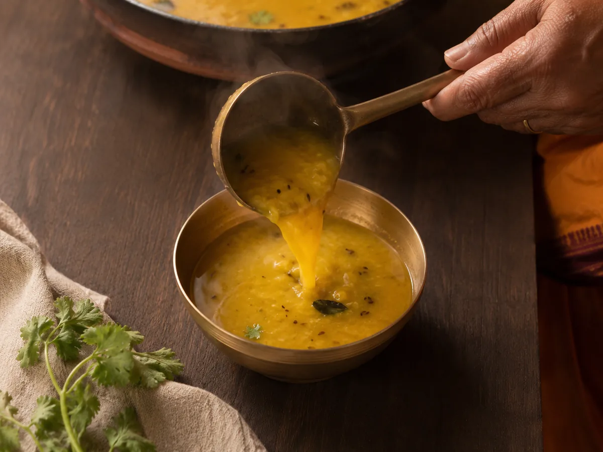 A hand ladling fragrant dal into a brass bowl