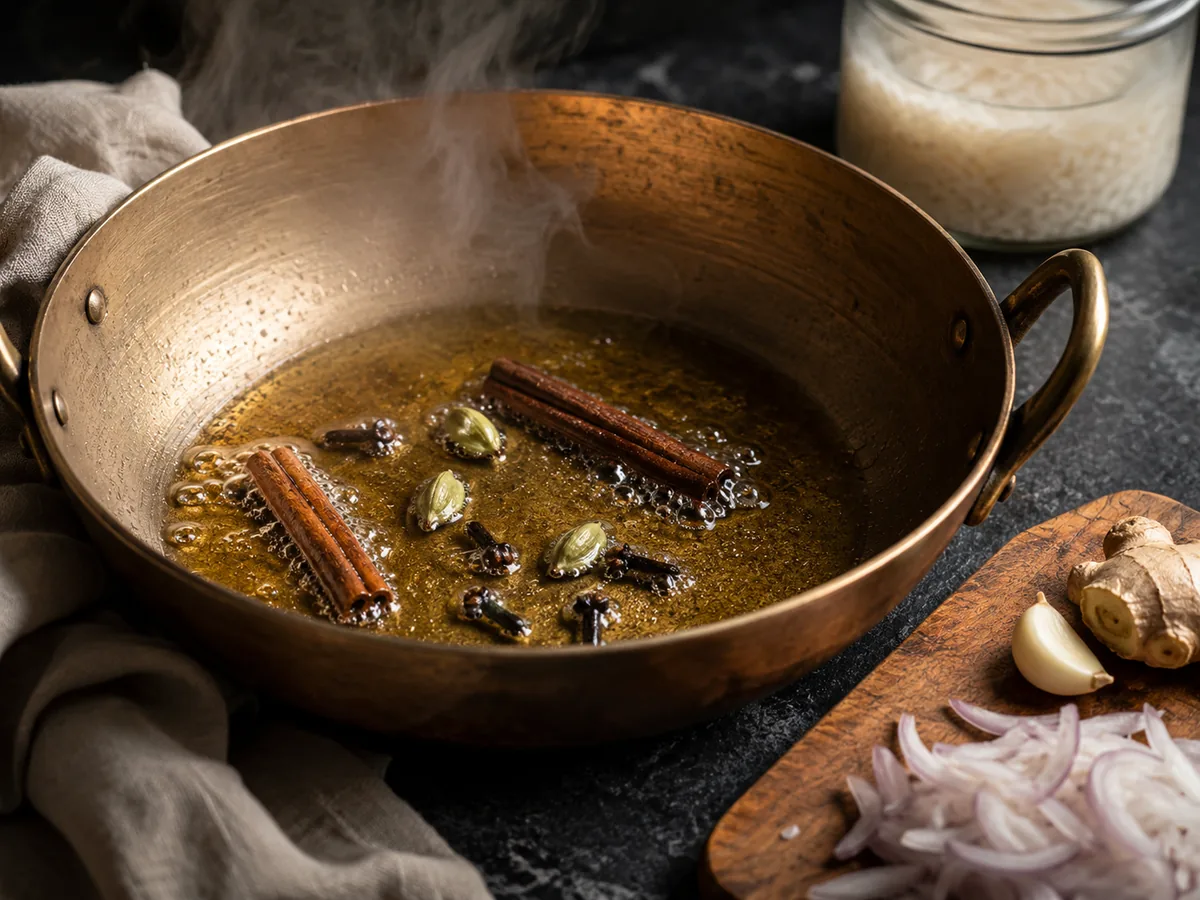 Whole cinnamon, cardamom and cloves blooming in hot coconut oil in a wide brass pan, with fresh ginger, garlic and sliced onion on a wooden board alongside.