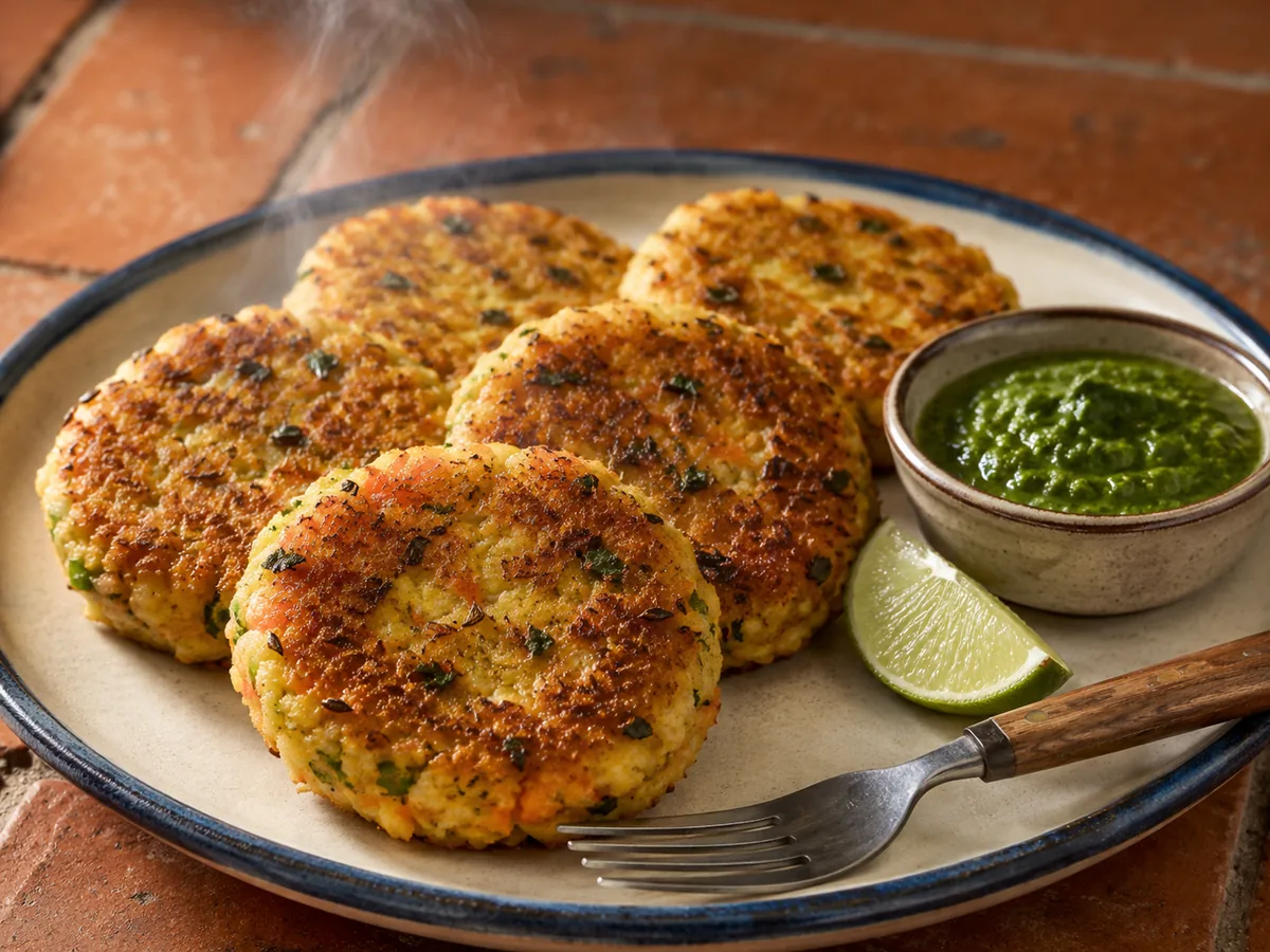 Five golden-crusted carrot and potato patties on a cream stoneware plate with a small bowl of green chutney and a wedge of lime.