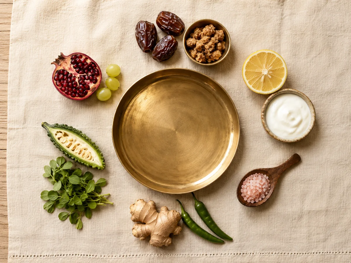 The six Ayurvedic tastes arranged around a brass thali